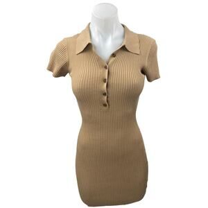 Tiger Mist Tan Ribbed Knit Short Sleeve Polo Sculpt Mini Sweater Dress Size XS